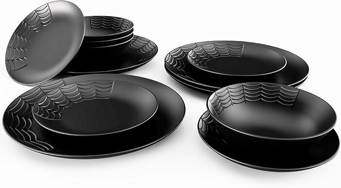 Nomnu Spiderweb Dinnerware Set (12 Pieces) - 4 Dinner Plates, 4 Salad Plates, 4 Bowls - Black Mat... | Amazon (US)