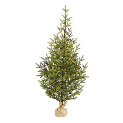 5’ Fraser Fir “Natural Look” Artificial Christmas Tree with 200 Clear LED Lights, a Burlap ... | Nearly Natural