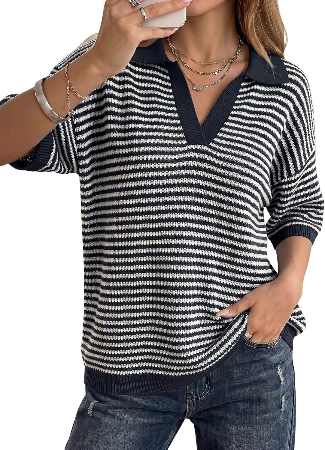 Dokotoo Women's Half Sleeve Striped Sweaters 2026 Collared V Neck Knit Top | Amazon (US)