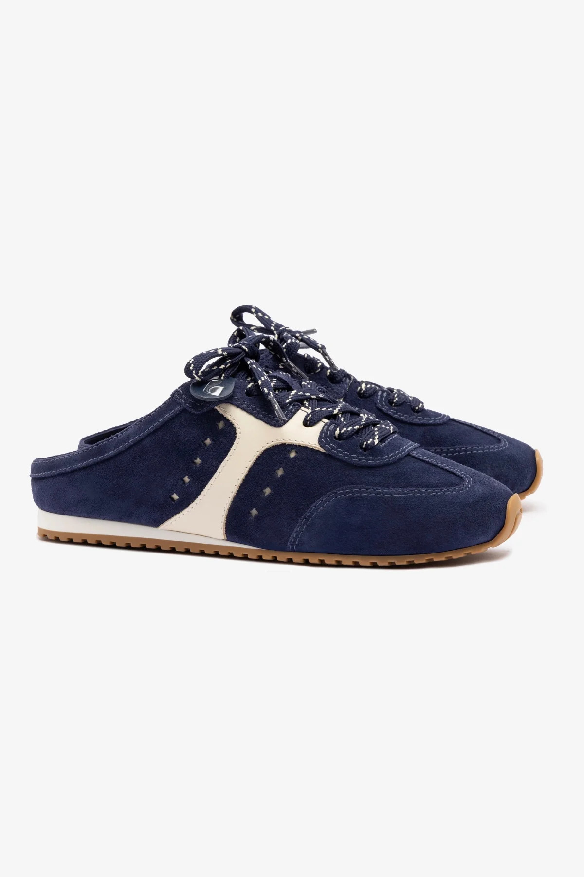 Stella Mule In Navy Suede and Ivory Leather | Larroude
