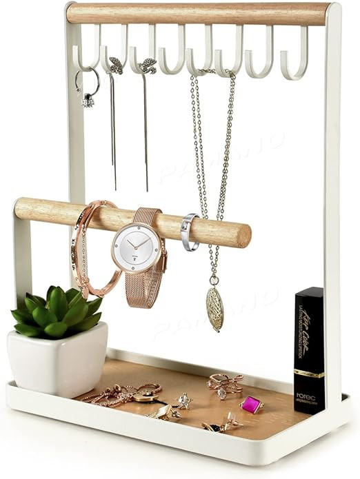 PAMANO Jewelry Stand Holder, 3-Tier Necklace Hanging Wooden Ring Organizer Earring Tray, 8 Hooks ... | Amazon (US)