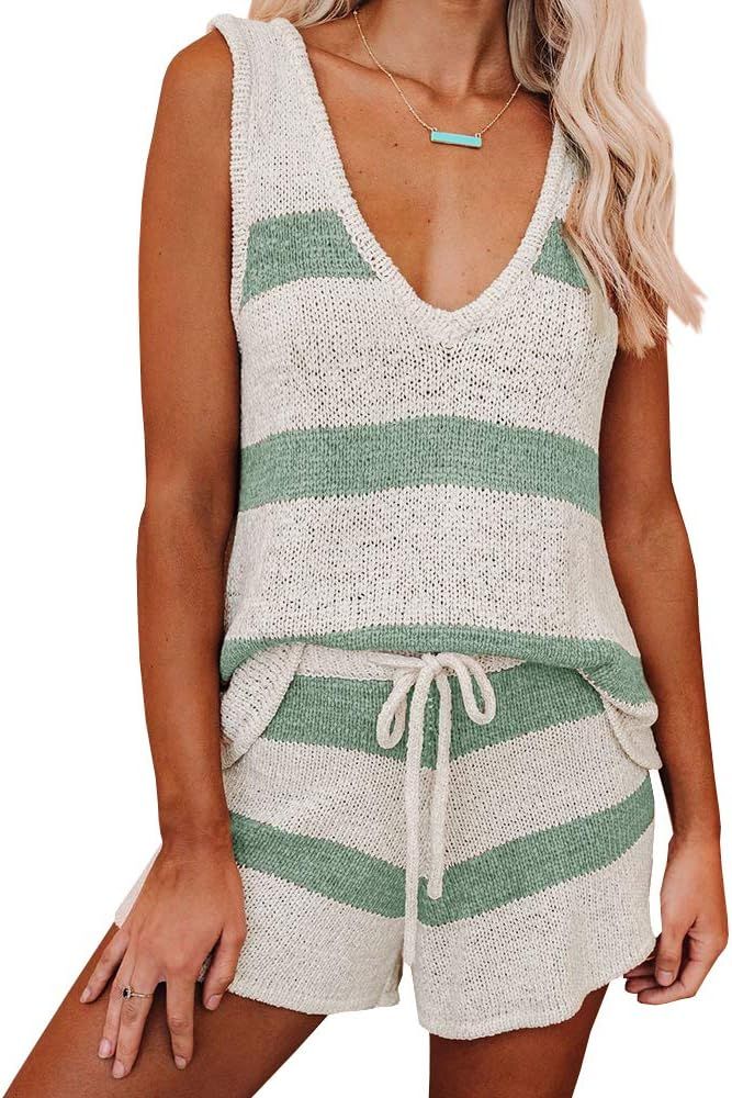 Womens Two Piece Outfits Summer Strappy V Neck Knit Crop Tops with Tie Waisted Beach Shorts | Amazon (US)