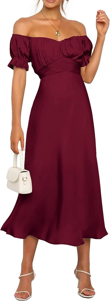 KIRUNDO 2023 Summer Women's Satin Midi Dresses Off Shoulder Wrap Ruched Wedding Guest Party Cocktail | Amazon (US)