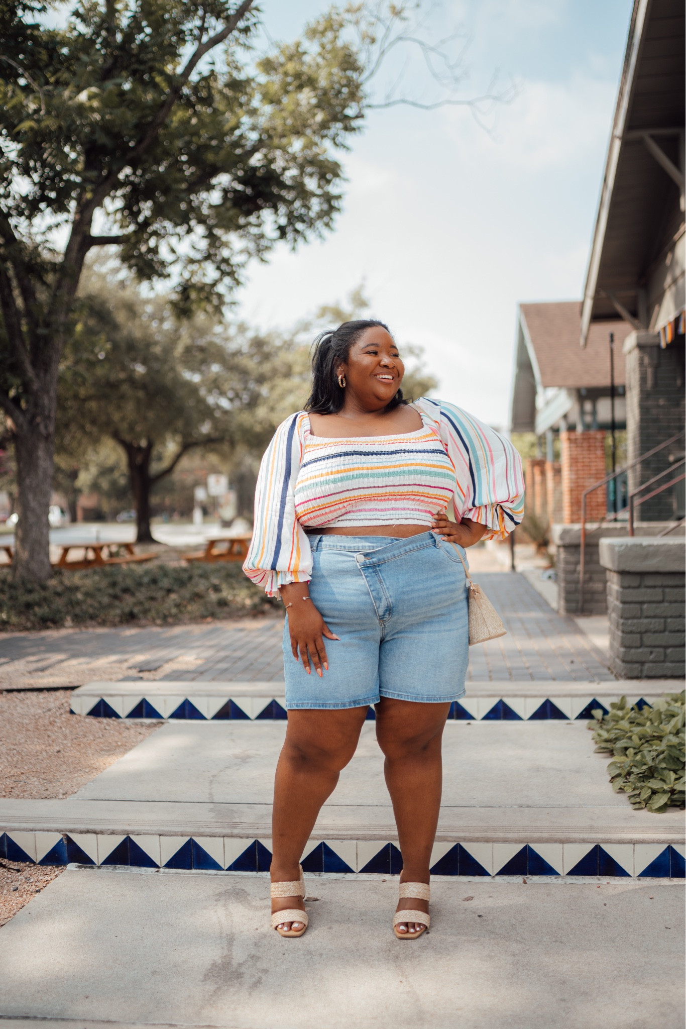 Walmart plus size ELOQUII elements stripped cropped off the shoulder top, cross buckle jean shorts, & wide width sandal heels.

#LTKunder50 #LTKcurves #LTKtravel