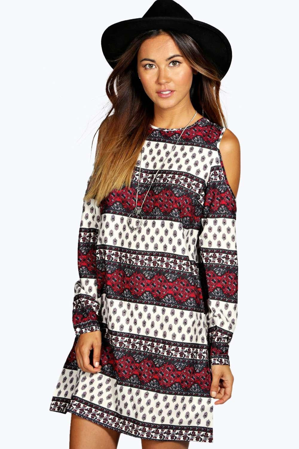 boohoo Christina Paisley Open Shoulder Shirt Dress - multi | Boohoo.com (US & CA)