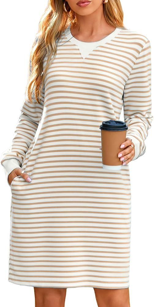 Glamaker Women Tshirt Shift Dress Casual Striped Long Sleeve Crew Neck Knee Length Comfy Midi Dre... | Amazon (US)
