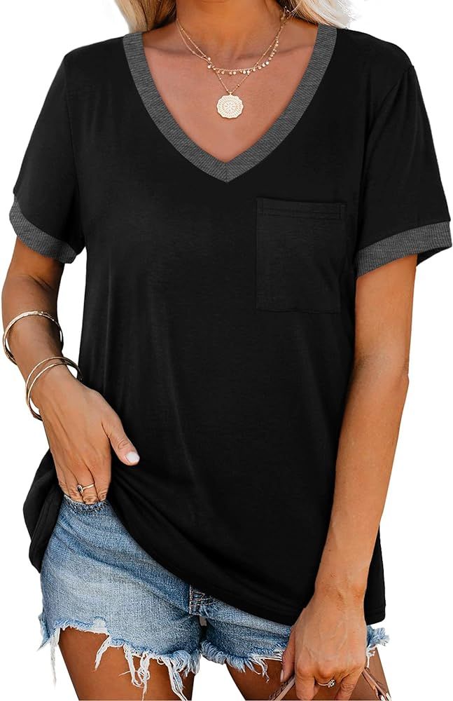 NSQTBA Womens Short Sleeve V Neck T Shirts Loose Casual Summer Tops Tees with Pocket | Amazon (US)