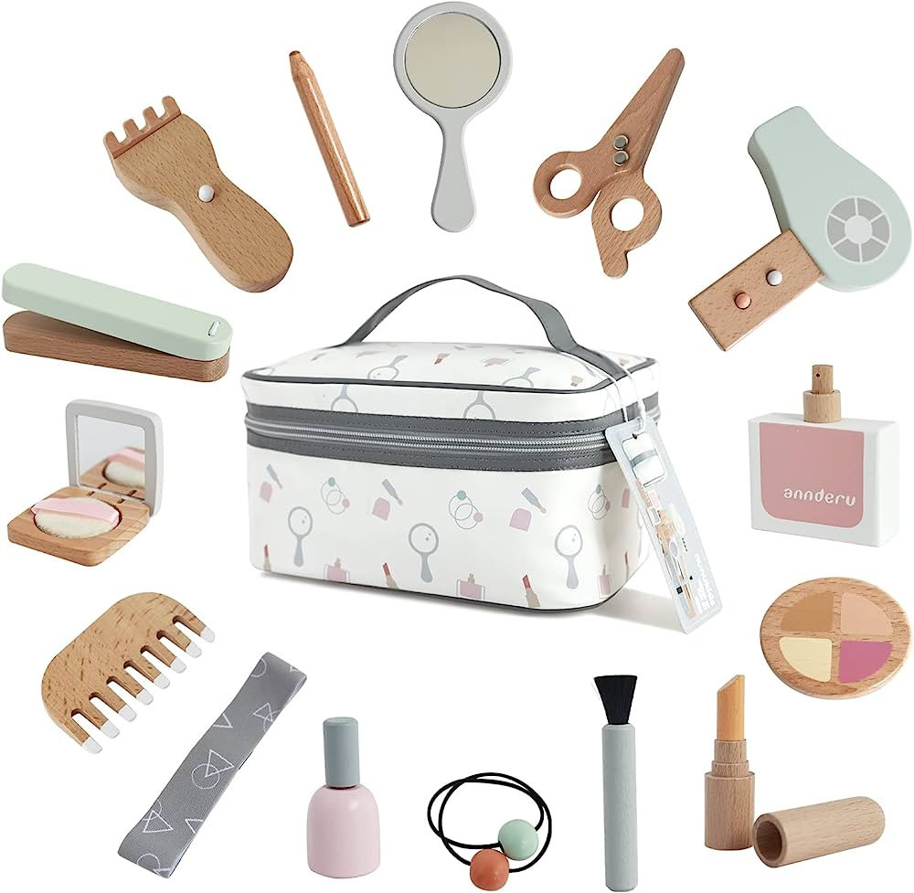 nunukids Wooden Makeup Toy Set Pretend Wood Beauty Salon Toys Toddler Wooden Makeup Kit for Girls... | Amazon (US)