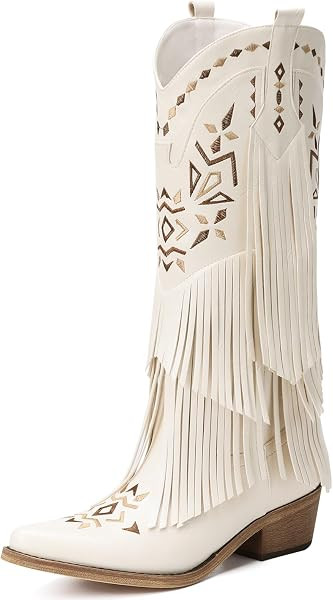 Cowboy Boots for Women - Fringe Knee High Cowgirl Boots with Classic Embroidery, Pointed Toe Pull... | Amazon (US)