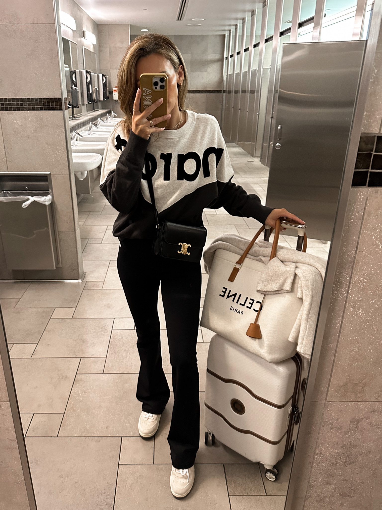 Travel outfit! Marant sweatshirt size 36/4 Anine bing flare leggings size small. Rang and bone sneakers part of the Nsale - luggage linked. Vince cardi coat in xxs. 

#LTKxNSale #LTKtravel #LTKstyletip