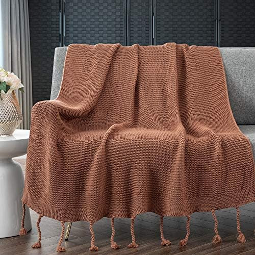RUDONG M Knitted Throw Blanket with Fringe, Amber Color Knit Throw Blanket for Couch Bed Sofa 50" x  | Amazon (US)