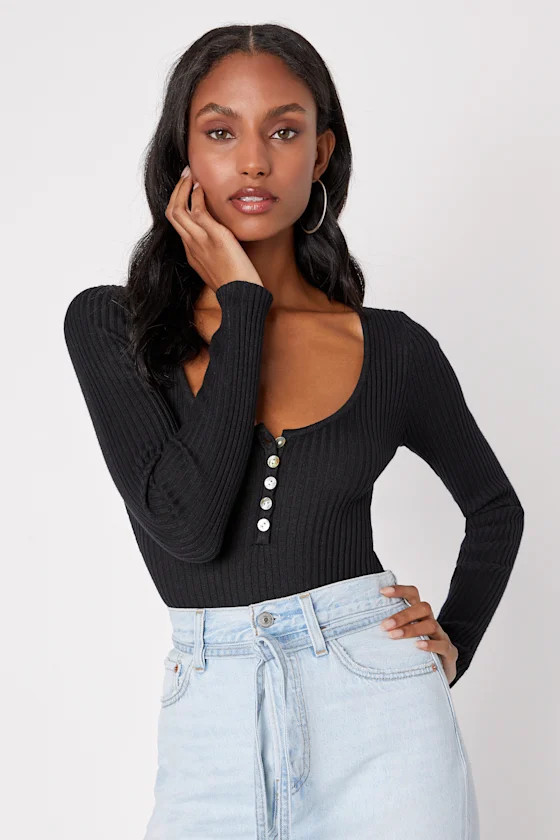 Everyday Perfection Black Ribbed Scoop Neck Henley Bodysuit | Lulus (US)
