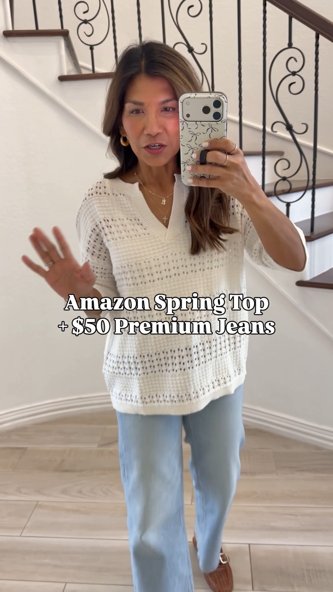 I’m 5’2” 118#ish for reference. 
Top in small tts,
Jeans fit tts size 26 length is 28, 
shoes tts, wash is Cool Blue.
Amazon finds, Target style, spring, outfits,fashion over 40, over 50 style, midlife fashion, petite fashion,midlife fashion, affordable fashion, fashion over40 

