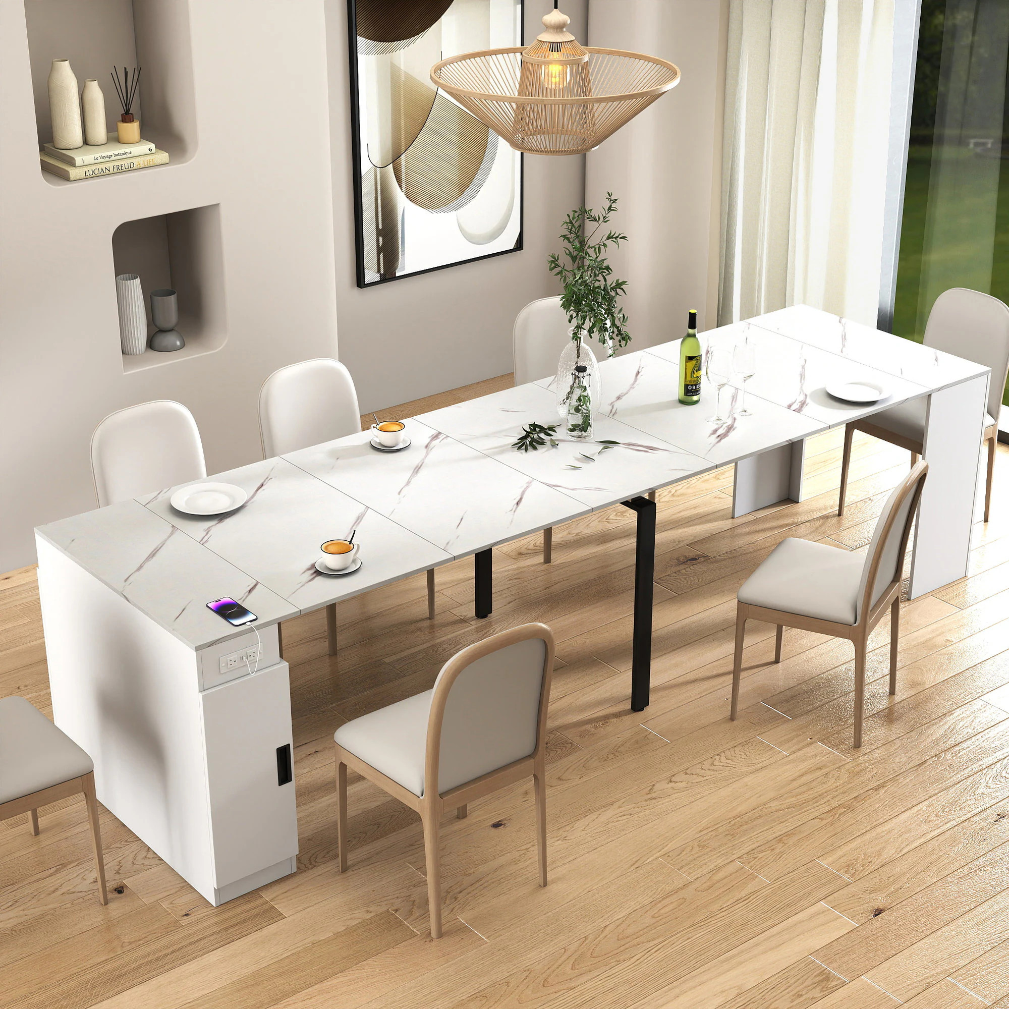 Misopily Modern Extendable Dining Table with Built In Outlet USB AC Storage Space Expands 23.62 to 118.11 in for Parties Meetings Weddings one_size | Lowe's