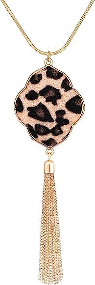 Long Necklace for Women Leopard Quatrefoil Pendant Necklace Bohemia Fringe Tassel Necklaces Y Cha... | Amazon (US)