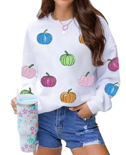 Halloween Sweatshirts For Women Sequin Pumpkin Tops Orange Long Sleeve Shirts Crew Neck Casual Pullover Top Colorful Sequin Pumpkin 2XL | Amazon (US)