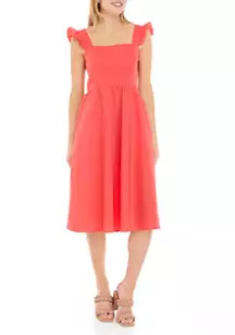 Women's Sleeveless Ruffle Shoulder Smocked Midi Dress | Belk