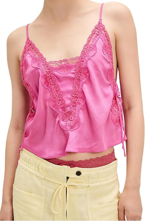Womens Lace Spaghetti Strap V Neck Satin Tank Top Beach Vacation Silk Camisole Flowy Boho Summer ... | Amazon (US)