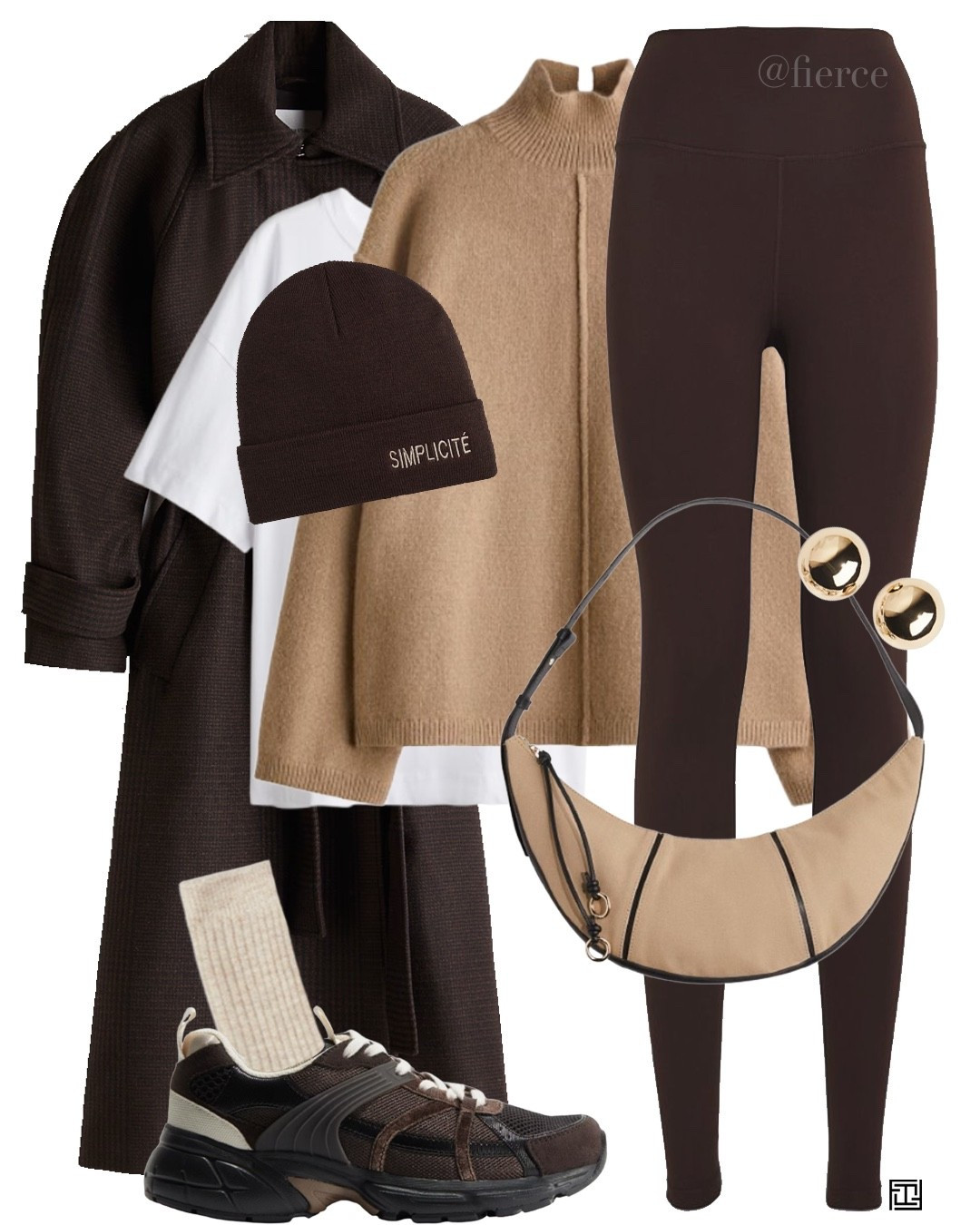 Athleisure outfit chocolate brown leggings beige shoulder bag chocolate brown trainers chocolate beanie hat chocolate brown check coat casual weekend look shopping school run coffee break errands 

#LTKwinter #LTKuk #LTKeurope