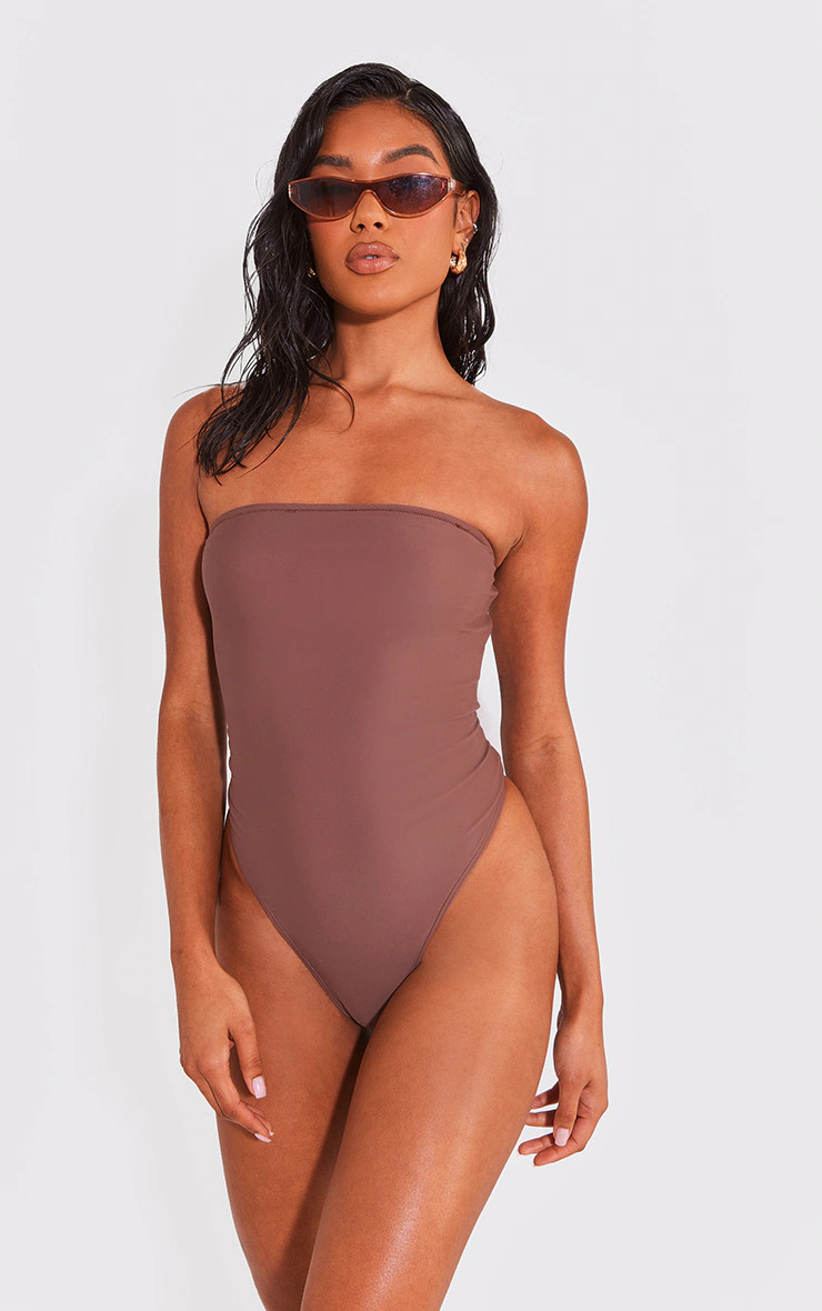 Chocolate Strapless Swimsuit | PrettyLittleThing UK
