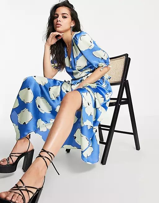 Topshop blue splodge flower ruffle textured wrap midi dress in blue | ASOS (Global)