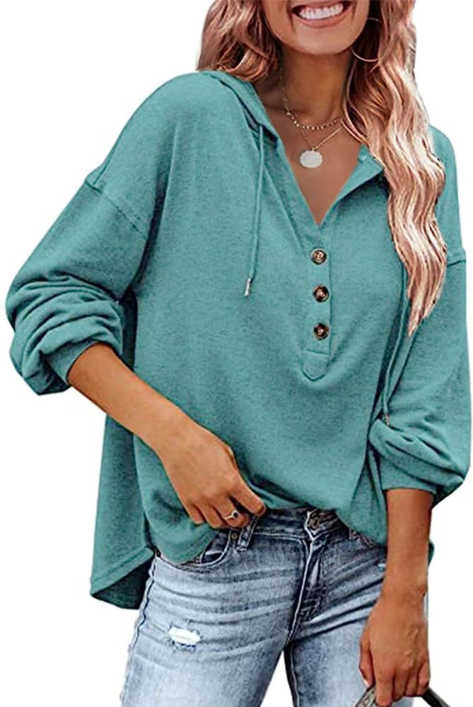 Theenkoln Women’s Pullover Hoodies Casual Henley Shirt Sexy V Neck Long Sleeve Button Up Sweatshirts | Amazon (US)