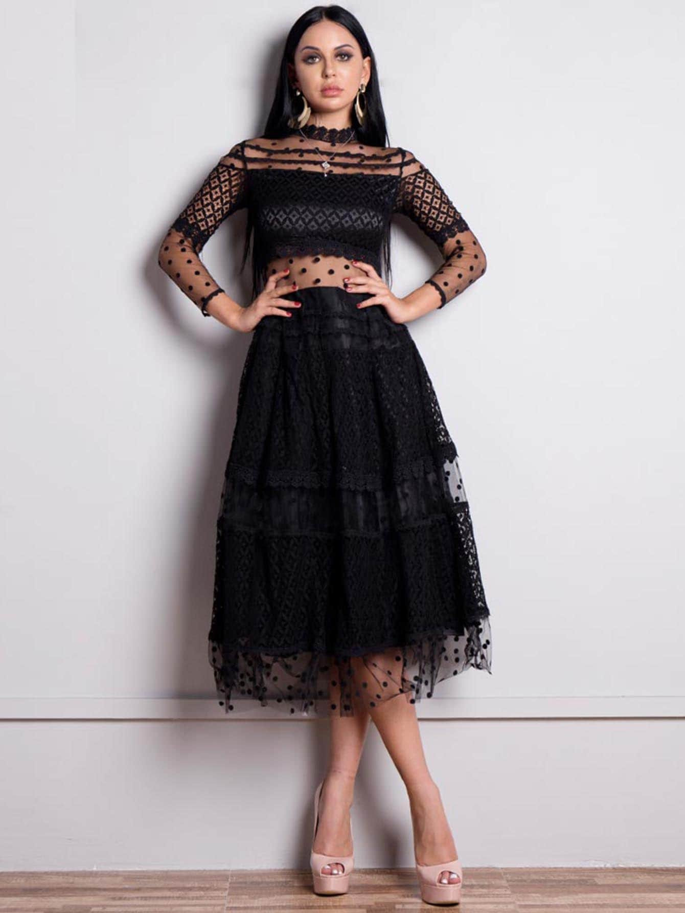 Sheer Lace & Mesh Overlay Dress | SHEIN