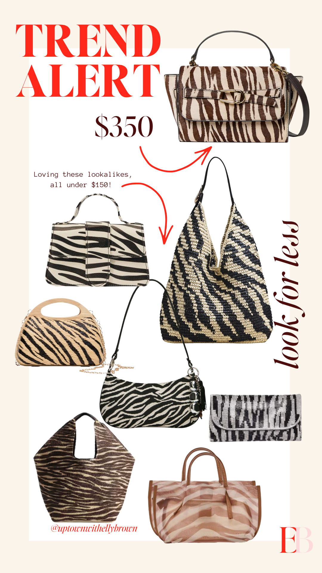 The Loeffler Randall zebra bag at $350 started something — and the market responded.
I've been spotting zebra print bags everywhere lately and honestly the options under $150 are genuinely good right now. Woven raffia, structured top handles, shoulder bags, clutches, totes — the silhouettes are all there and the print reads the same way across every price point. That's how you know a trend has real staying power.
The $350 Loeffler is still the one I'd buy if I'm buying once and keeping it. The hair calf texture and the belt hardware detail are hard to replicate at a lower price point. But if you want to try the zebra moment before committing, every single option on this board is under $150 and more than one of them is going to make people ask where you got your bag. 

 