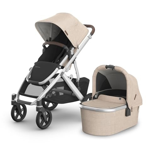 UPPAbaby Vista V3 Stroller + Bassinet V3 - Convertible Single-to-Double Stroller System- Bassinet, Toddler Seat, Bug Shield, Rain Shield Included - Declan (Oat Mélange/Silver Frame/Chestnut Leather) | Amazon (US)