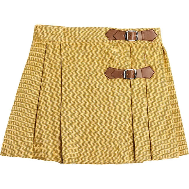 Pepa London | Herringbone Pleated Leather Buckled Kilt, Mustard (Multicolor, Size 2Y) | Maisonette | Maisonette