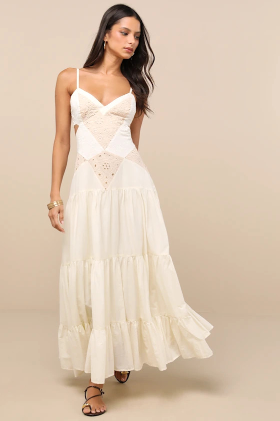 Maisha Ivory and Beige Embroidered Drop Waist Maxi Dress | Lulus