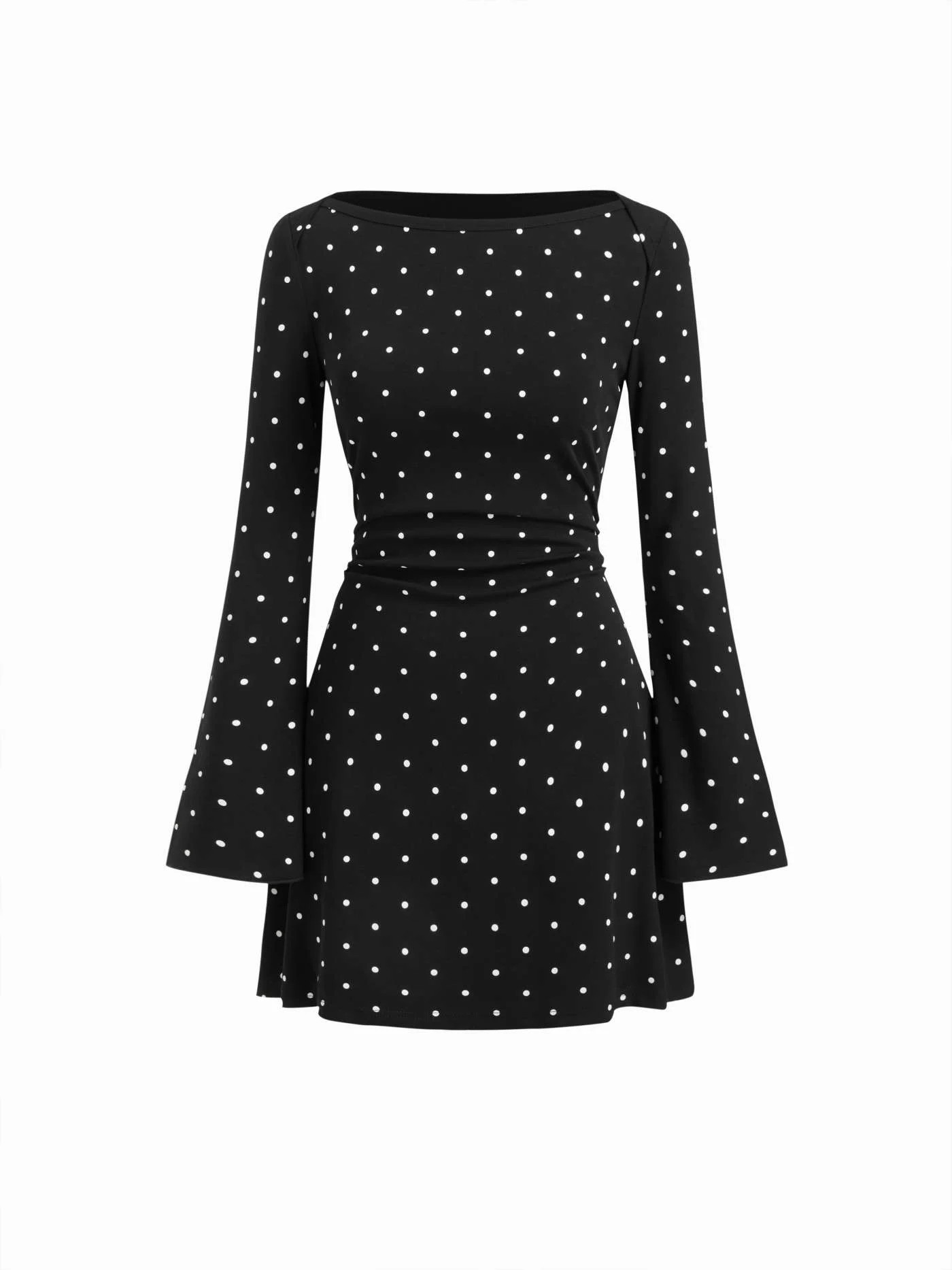 Cotton-blend Boat Neck Polka Dot Ruched Bell Sleeve Mini Dress | Cider