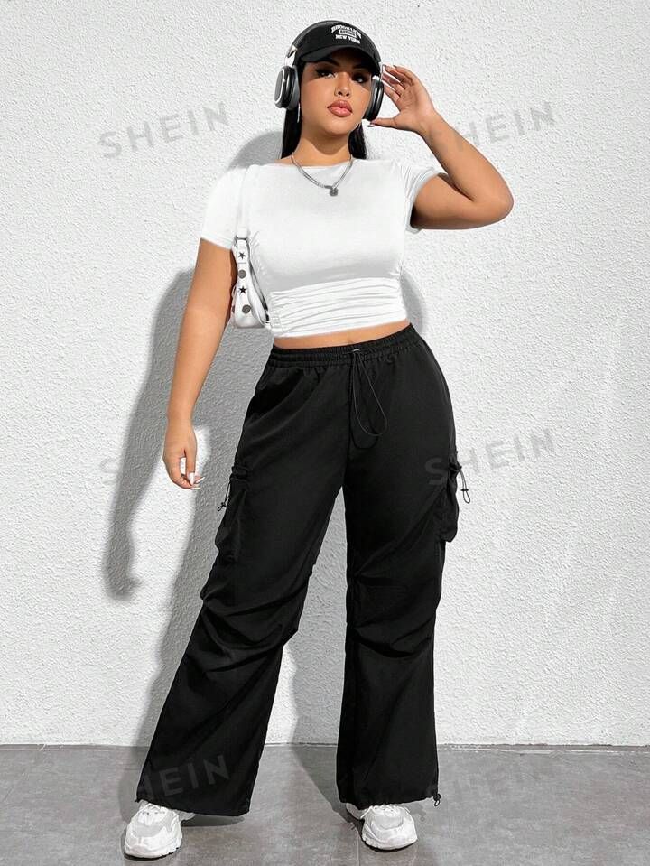 SHEIN EZwear Plus Size Women'S Round Neck Basic High-Stretchy Crop Top T-Shirt | SHEIN