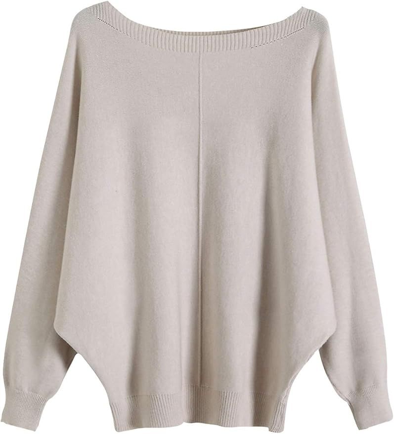 Omoone Women's Loose Pullovers Batwing Sleeve Knitted Sweaters Boat Neck Tops | Amazon (US)