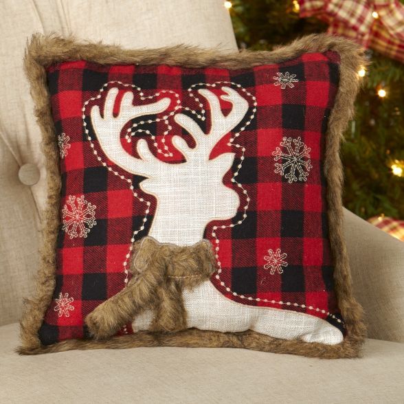 Lakeside Christmas Pillow with Faux Fur - Red and Black Buffalo Plaid - Reindeer | Target