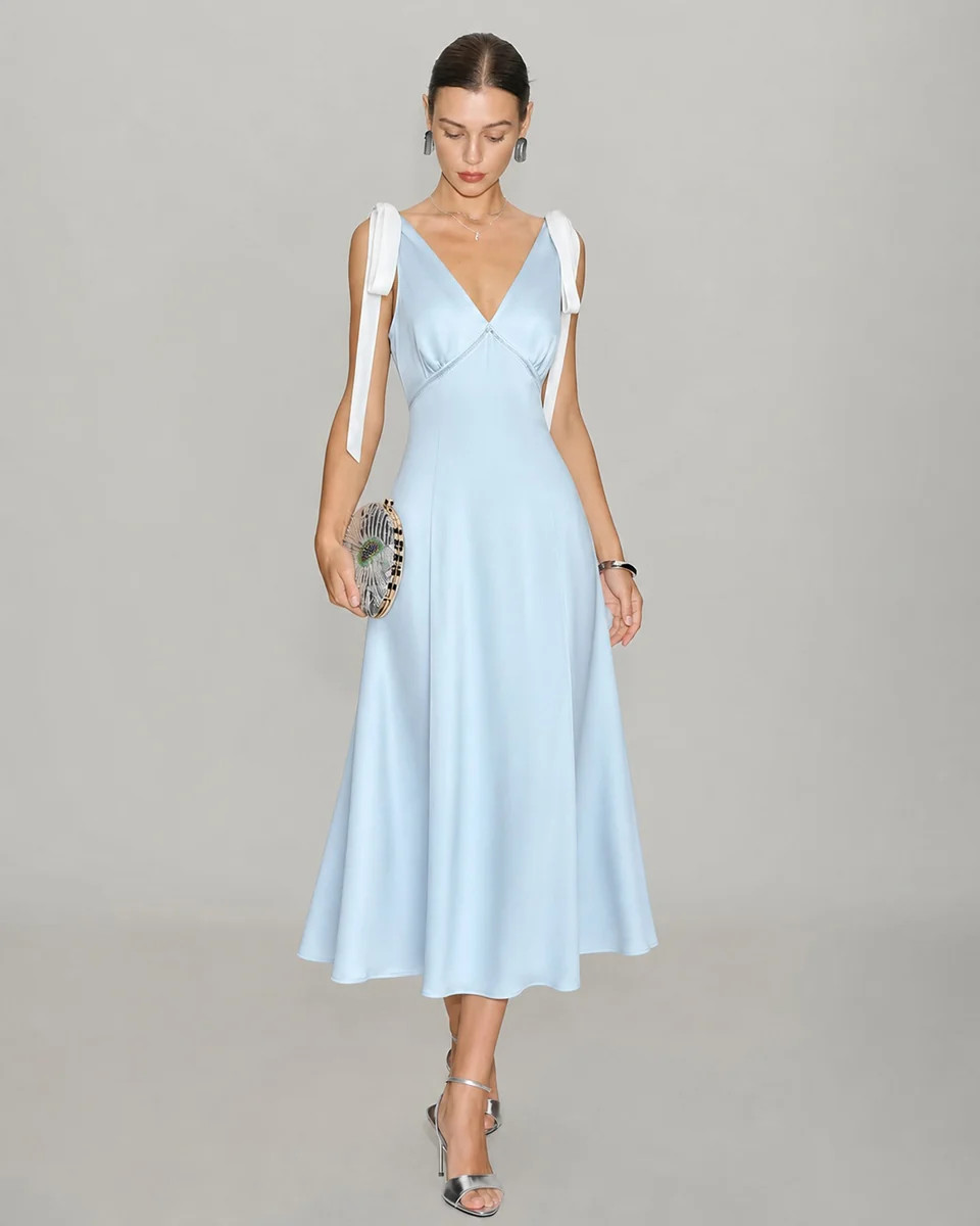 Blue V Neck Cut Out Satin Midi Dress | rihoas.com