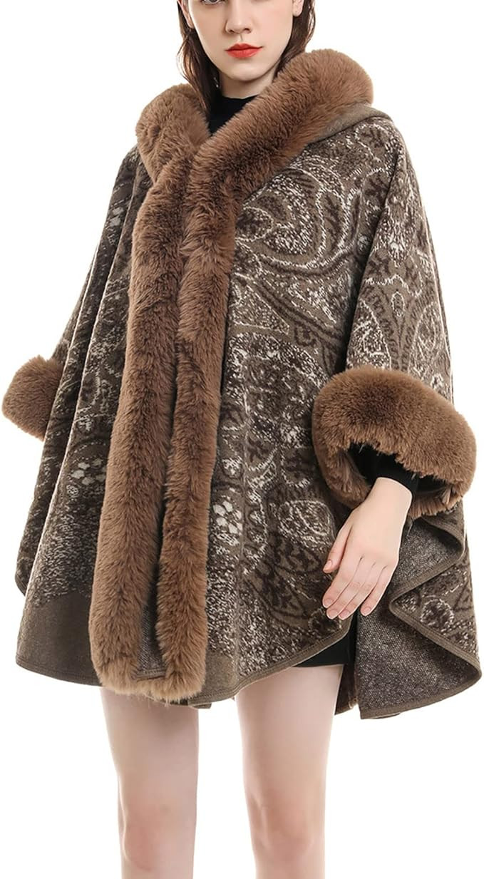 Women Fine Knit Open Front Faux Fur Trim Layers Poncho Cape Cardigan Sweater Vintage Faux Fur Sha... | Amazon (US)