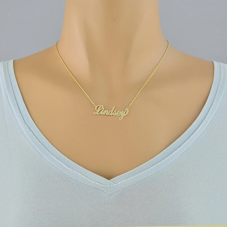 Small Solid 10k or 14k Gold Personalized Name Necklace Laser Cut Cursive Font Fine Jewelry NN04 | Etsy (US)