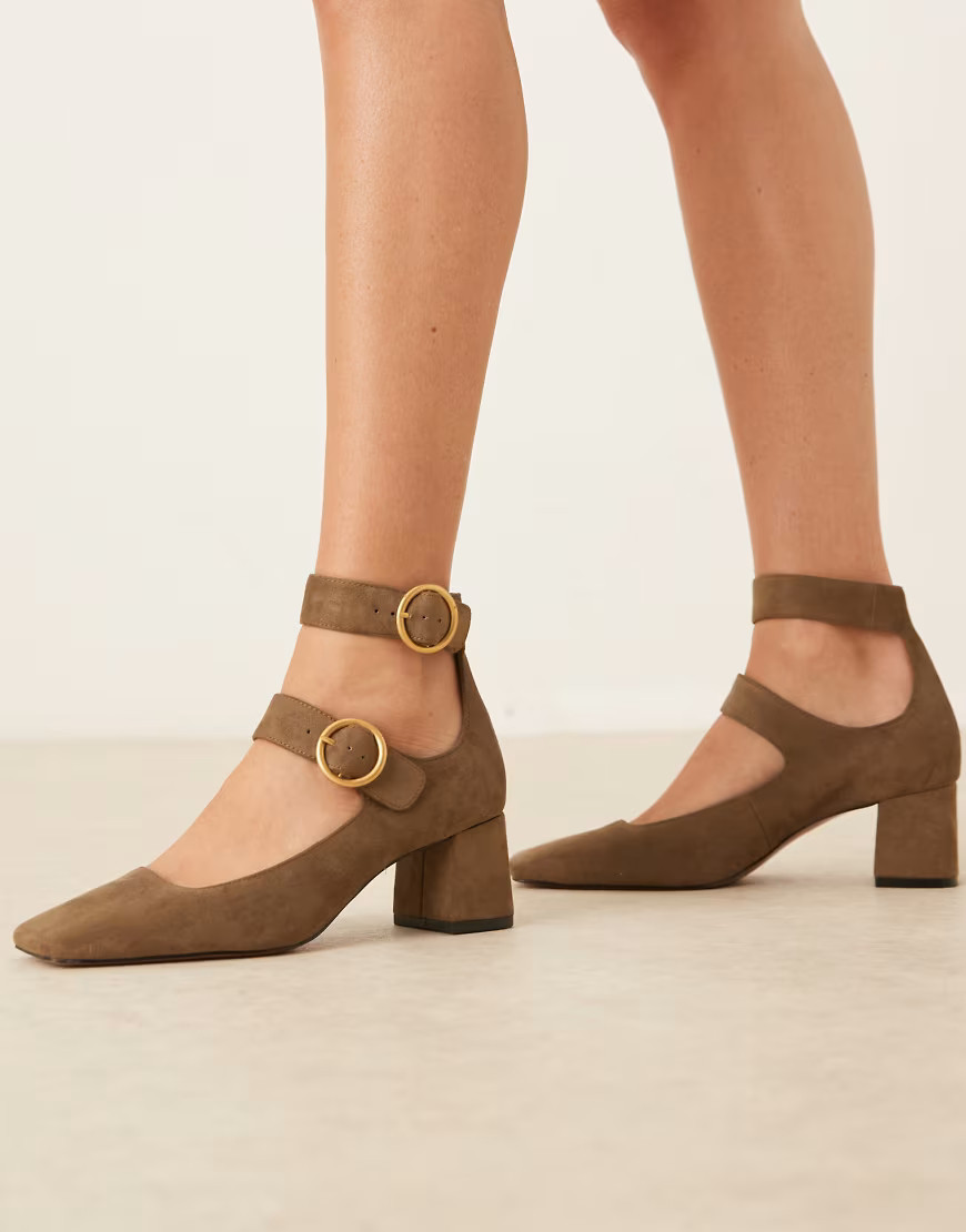 ASOS DESIGN Sasha double buckle strap mid block heel shoes in olive suedette-Green | ASOS (Global)