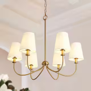 LNC Transitional Plated Brass Linear Chandelier with White Cone Fabric Shades 6-Light Vintage Can... | The Home Depot