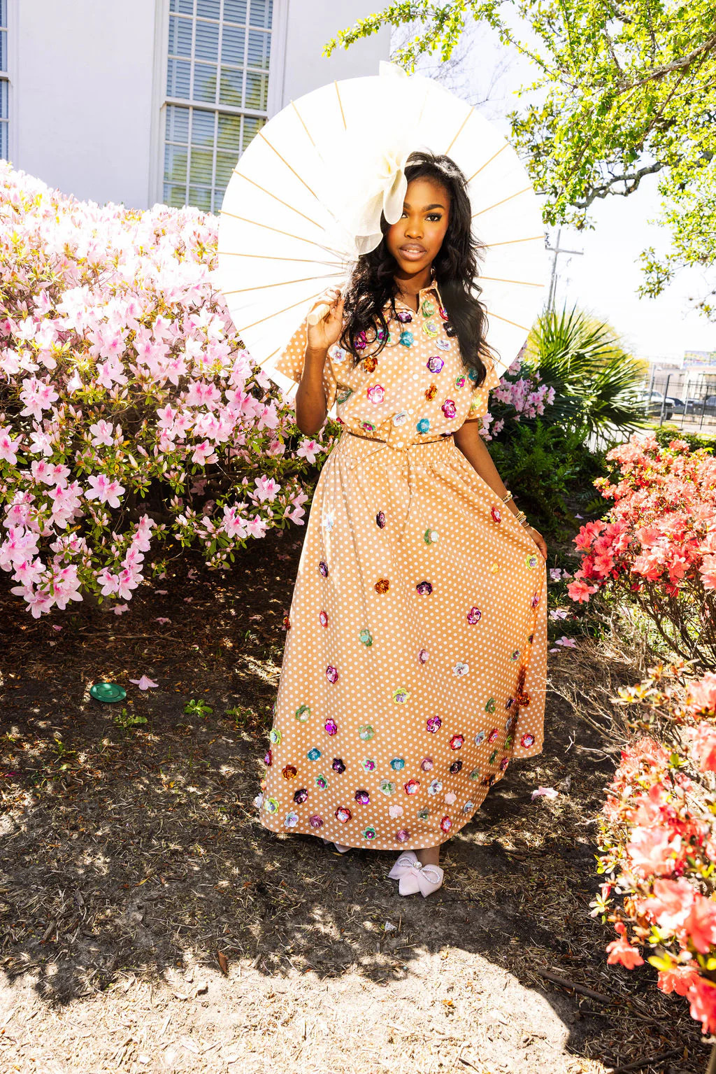 Brown & White Polka Dot Sequin Flower Cotton Maxi Skirt | Queen of Sparkles