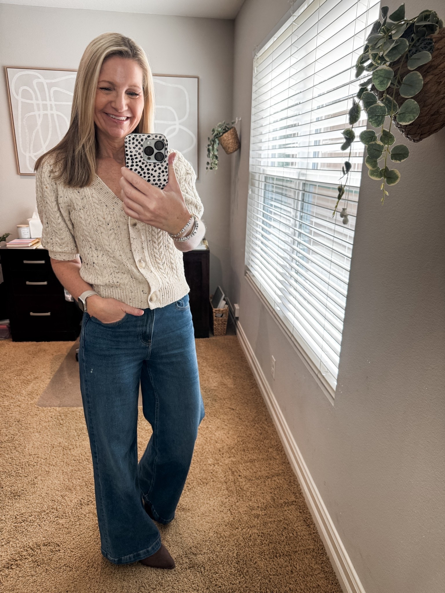Tuesday work from home outfit for Zoom meetings. My short sleeve cardigan is a Loft find and my jeans are my Gap favorites. 

#LTKootd #LTKOver40 #LTKWorkwear