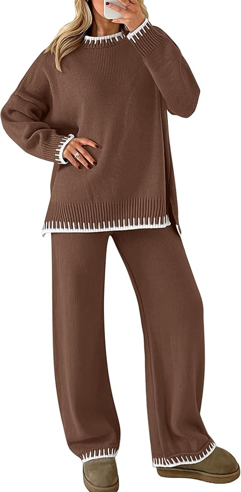 ANRABESS Women Two Piece Outfits Sweater Sets Long Sleeve Knit Pullover Top Matching Wide Leg Pan... | Amazon (US)
