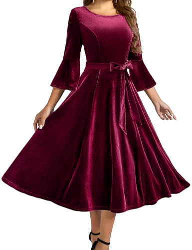 HomRain Burgundy Velvet Dress for Formal Fit and Flare Wedding Guest Dress for Women Fall Winter Christmas Cocktail Party Holiday Dress Velvet-Burgundy L | Amazon (US)