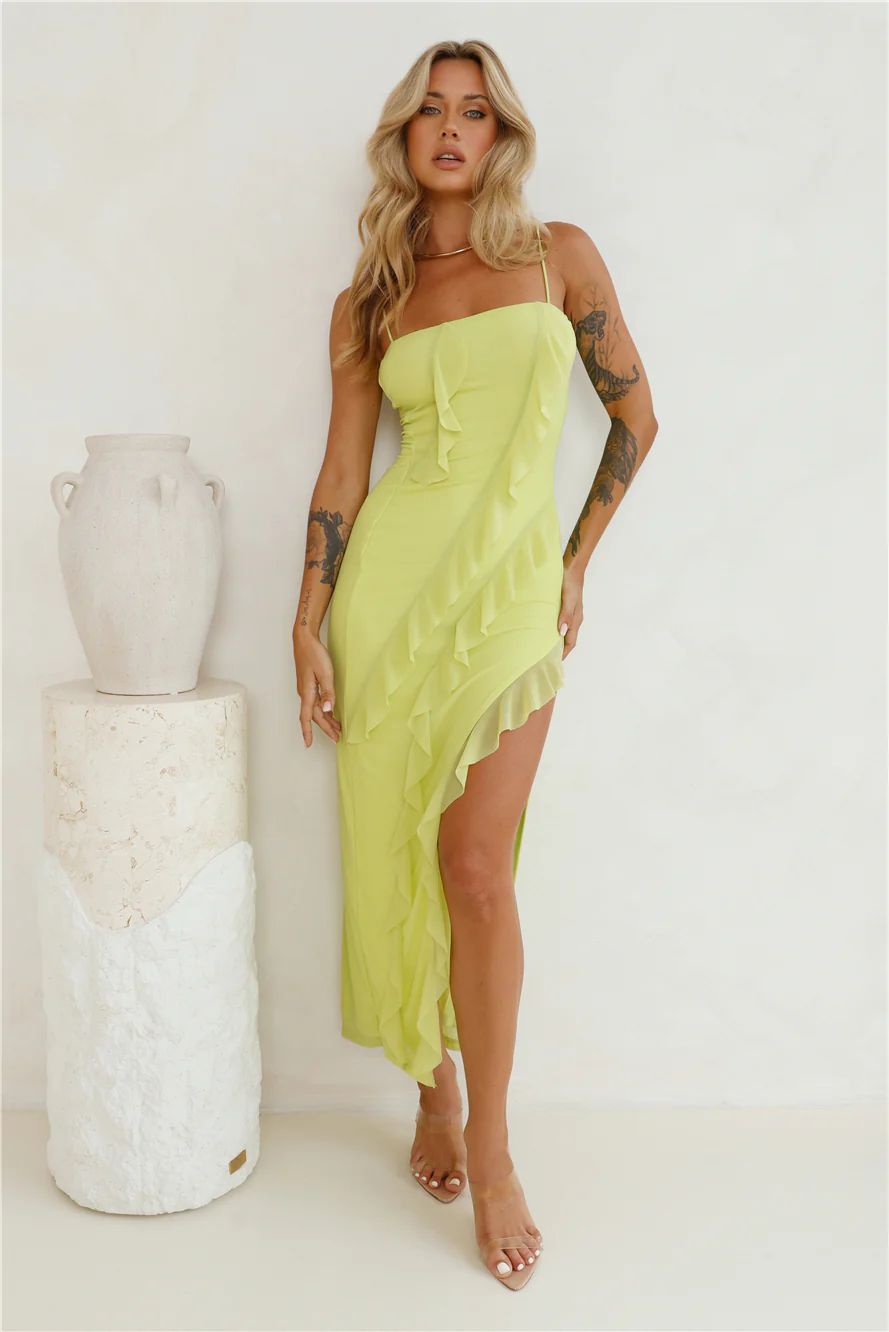 Gleaming Days Mesh Frill Maxi Dress Lime | Hello Molly