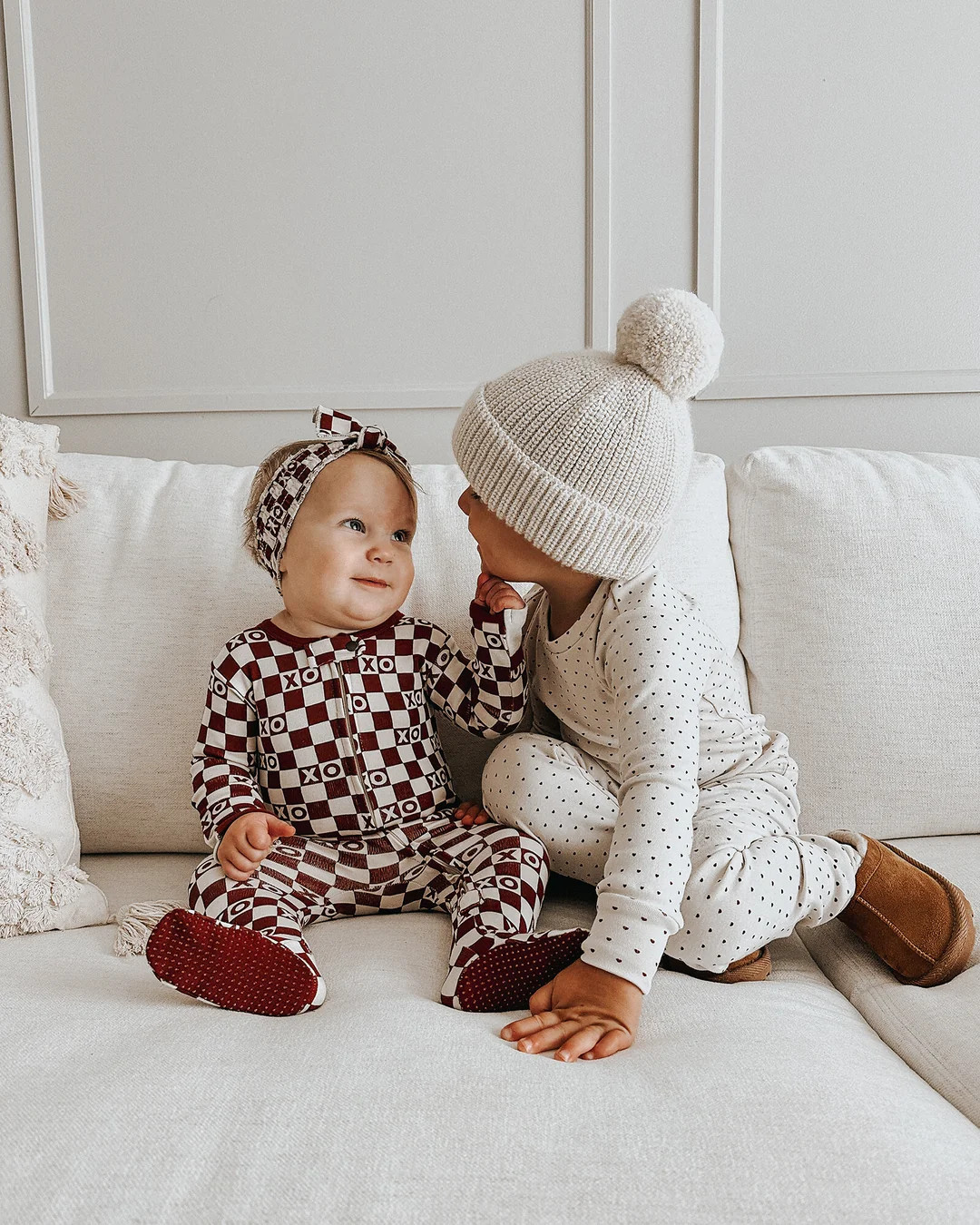 Crimson XO Checker | Organic Zipper Footie | L'ovedbaby