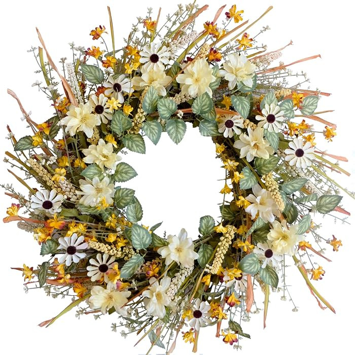 idyllic 22 Inches Fall Front Door Wreath with Yellow and White Daisies Flowers, Ear of Wheat, Green Leaves, Autumn Harvest Wreath for Festival Thanksgiving Farmhouse Wall Home Decor | Amazon (US)