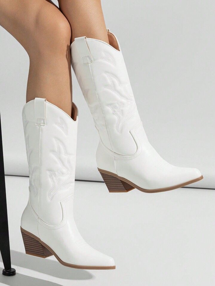 Women's White Pointed Toe Western Style Mid-Calf Boot With Embroidery And Chunky Heel | SHEIN