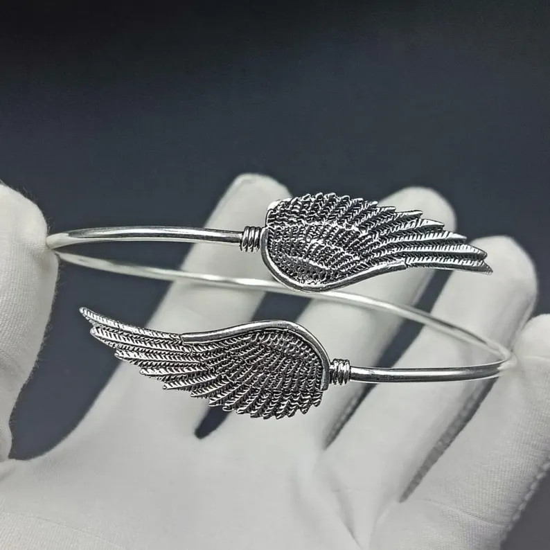 Silver Angel Wing Cuff Bangle, Guardian Feather Jewelry, Adjustable Antique Wrap Bracelet Gift - ... | Etsy (Global)