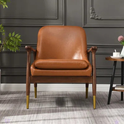 29.2'' Mid-Century Faux Leather Accent Chair With Cushioned Seat, Solid Wood Frame, And Brass-Tipped Legs â Perfect For Living Room, Bedroom, Or Off | Wayfair North America